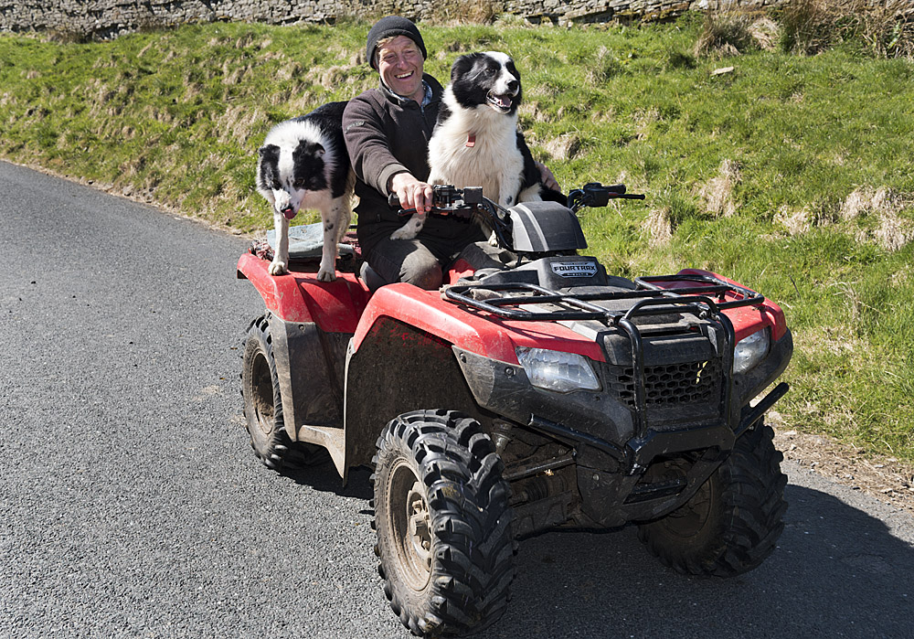 Farmer Raymond Calvert with two of his dogs, on his quad bike