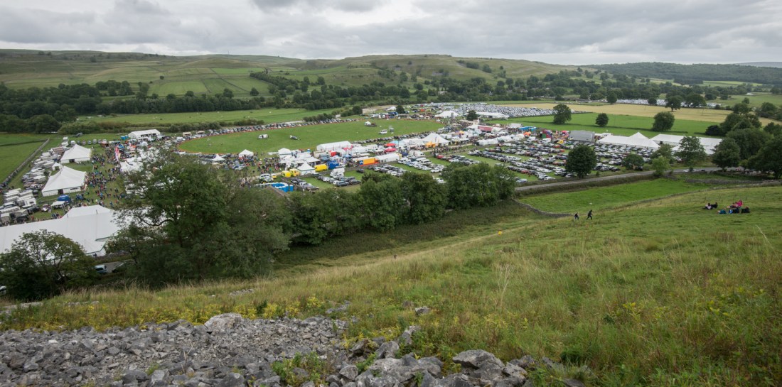 Looking down onto Kilnsey show from the side of Kilnsey Crag